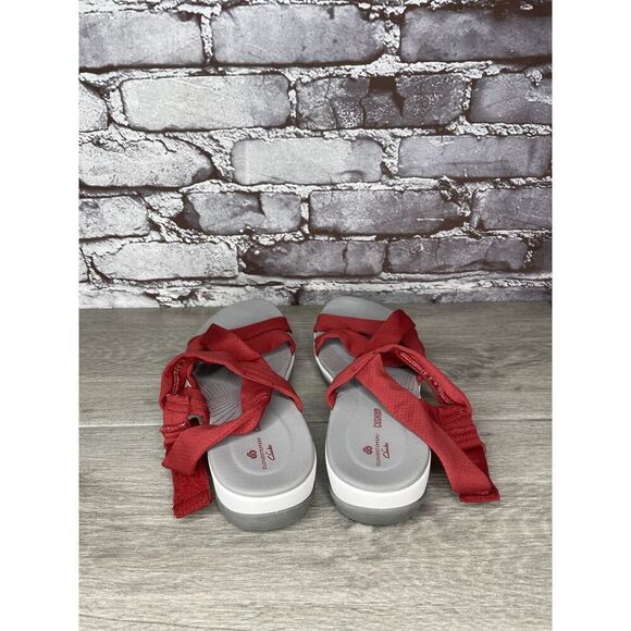 Clarks Cloud Steppers Red Fabric Strappy Wedge Comfort Sandals Women 8M US/39EU - Picture 4 of 16